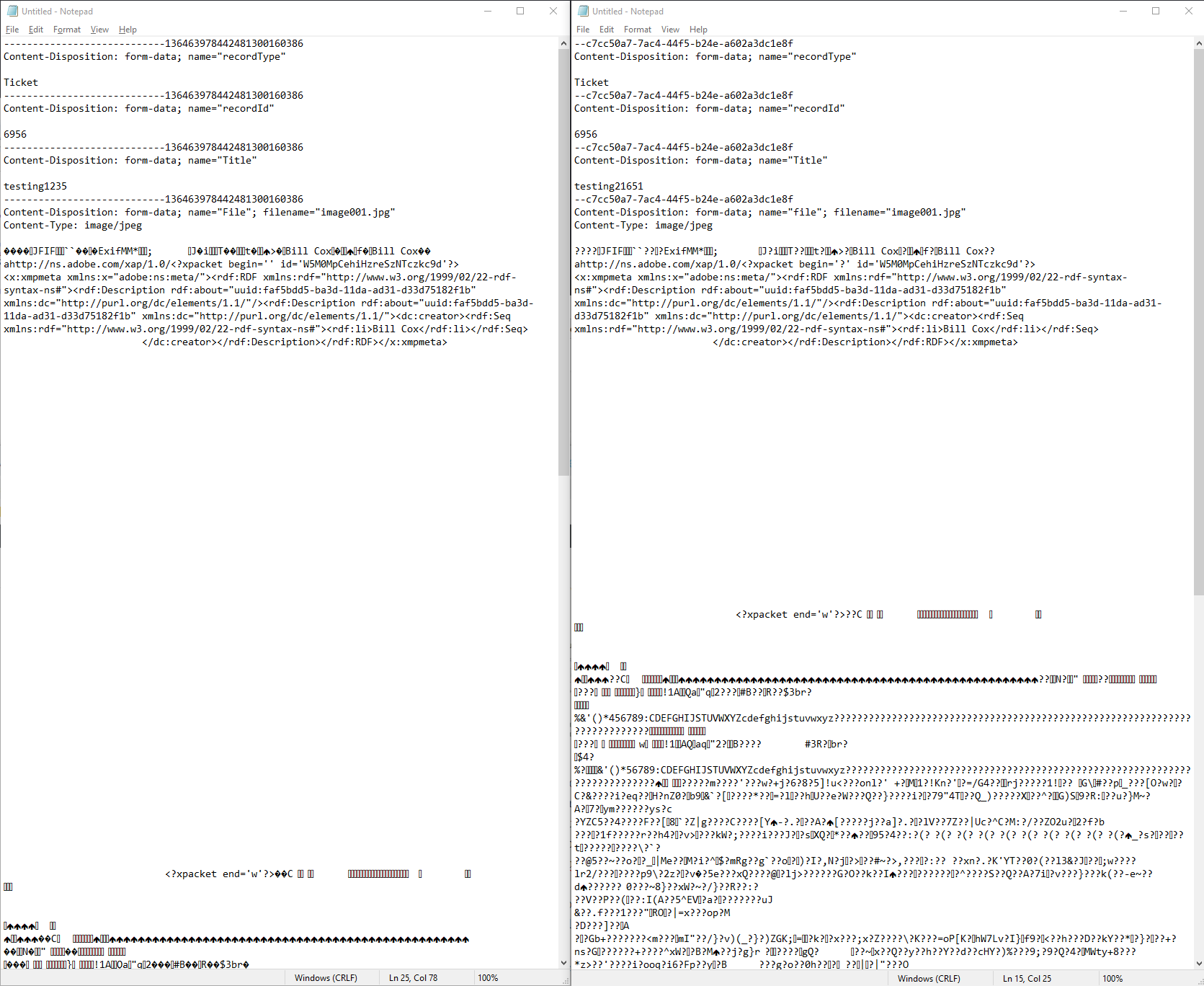 Two Notepad windows of multipart form data: readable JPEG headers on the left, garbled characters on the right