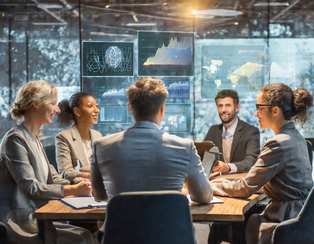 Colleagues in a meeting around a wooden table with data dashboards floating on glass screens behind them