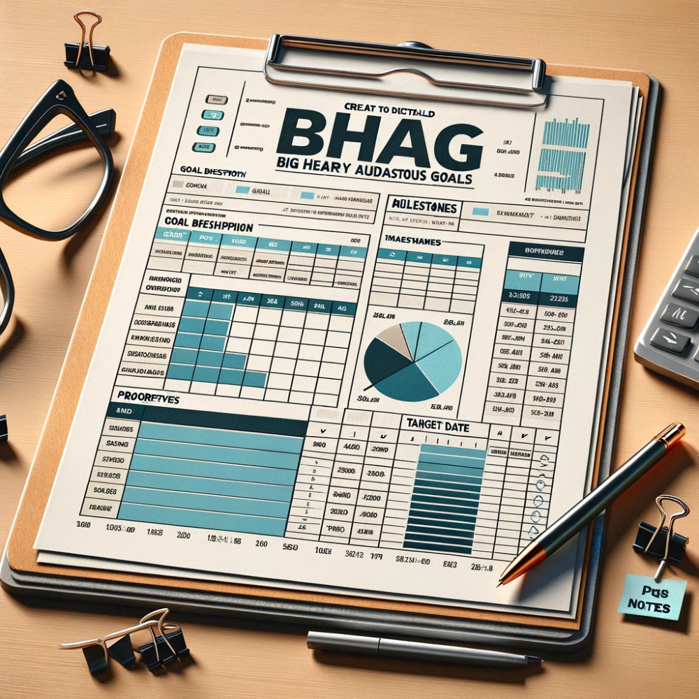 Clipboard with a BHAG (Big Hairy Audacious Goals) worksheet of goal tables, milestones, pie chart and target dates