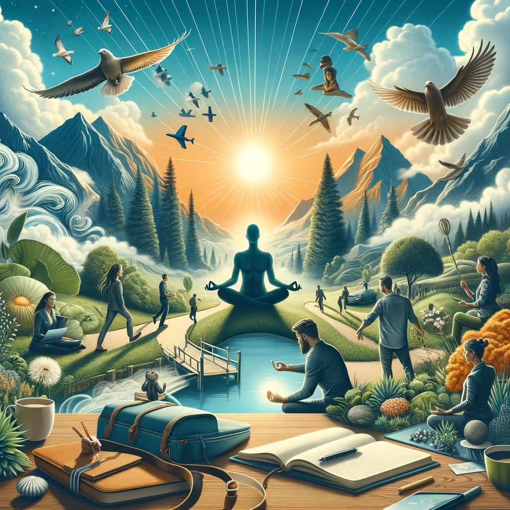 Illustration of a meditating figure in a sunlit mountain valley, surrounded by people walking, working and relaxing