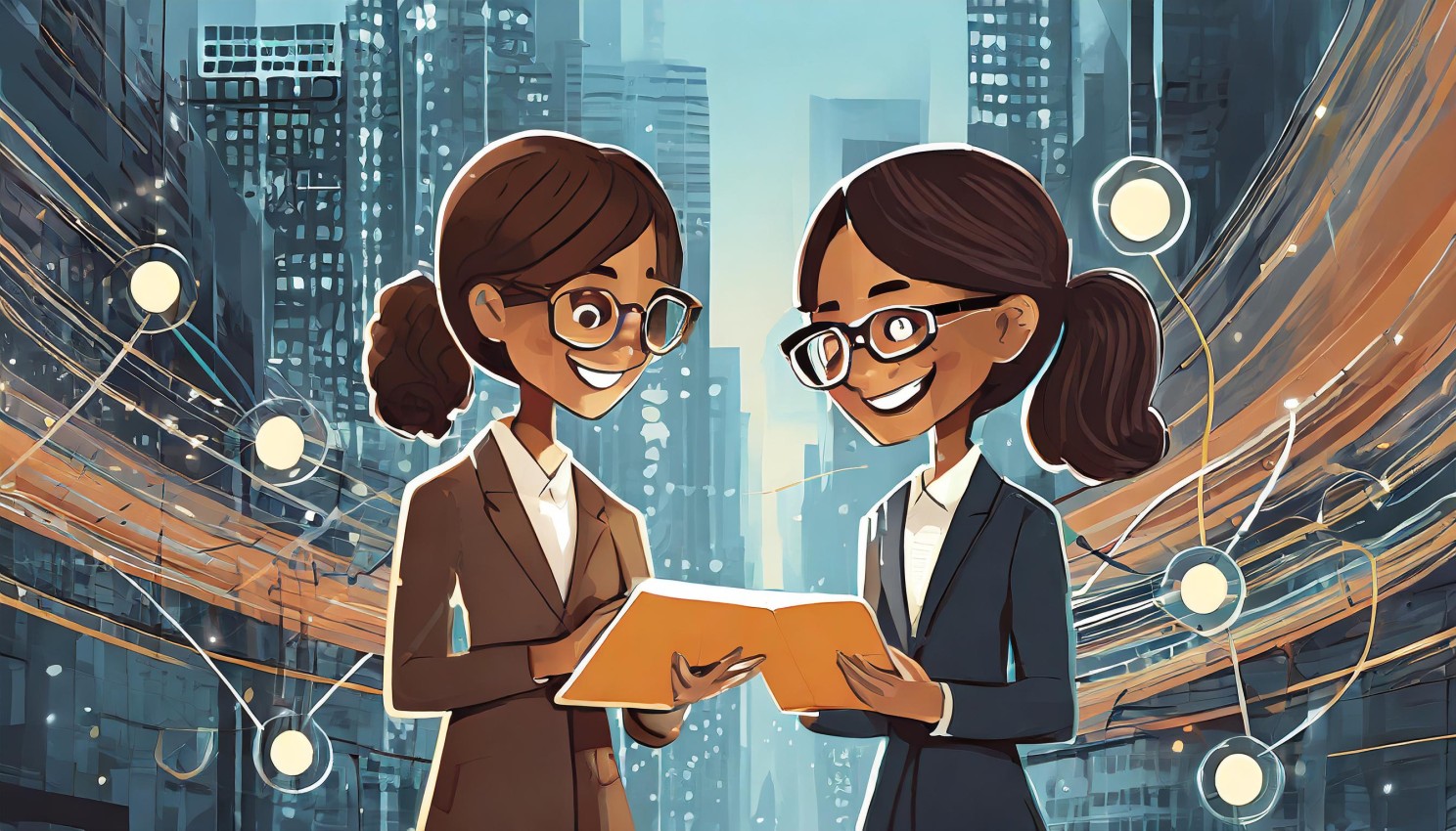 Illustration of two smiling colleagues sharing a tablet against a city backdrop of connected nodes, exchanging feedback