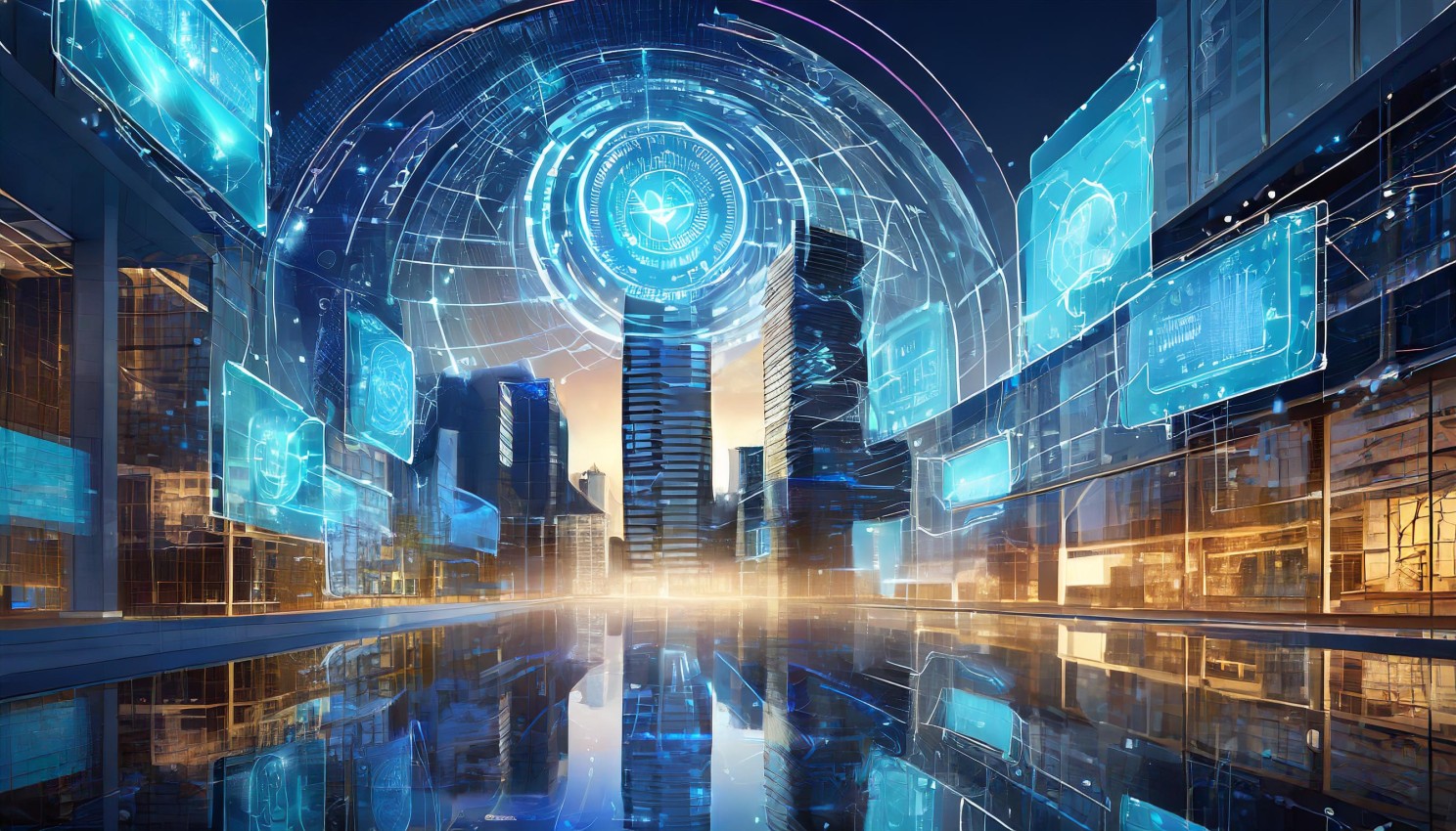 Futuristic glass skyscrapers with glowing holographic panels around a central digital circle, symbolizing technology-driven innovation