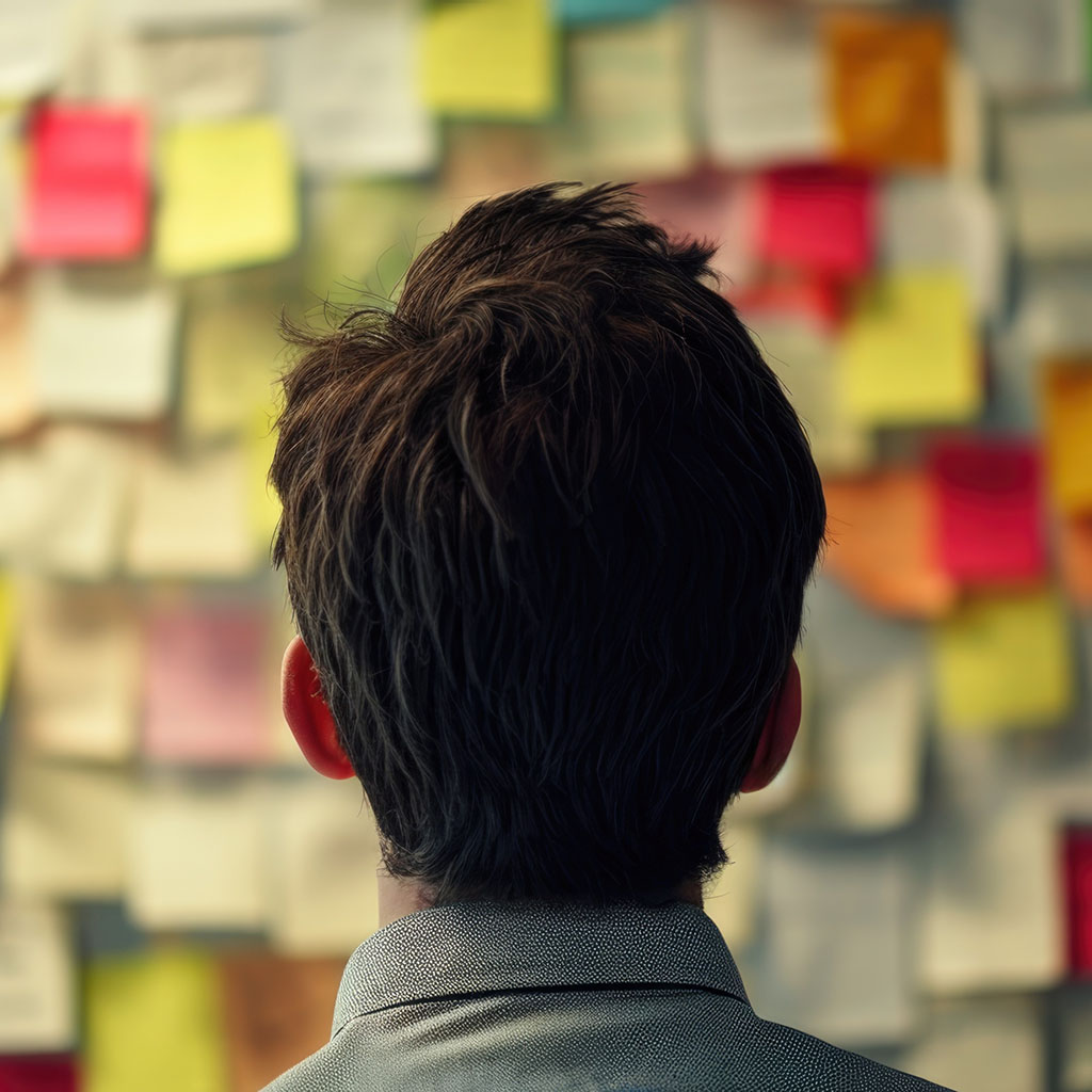 Man seen from behind facing a wall of colorful sticky notes, overwhelmed by over-planning