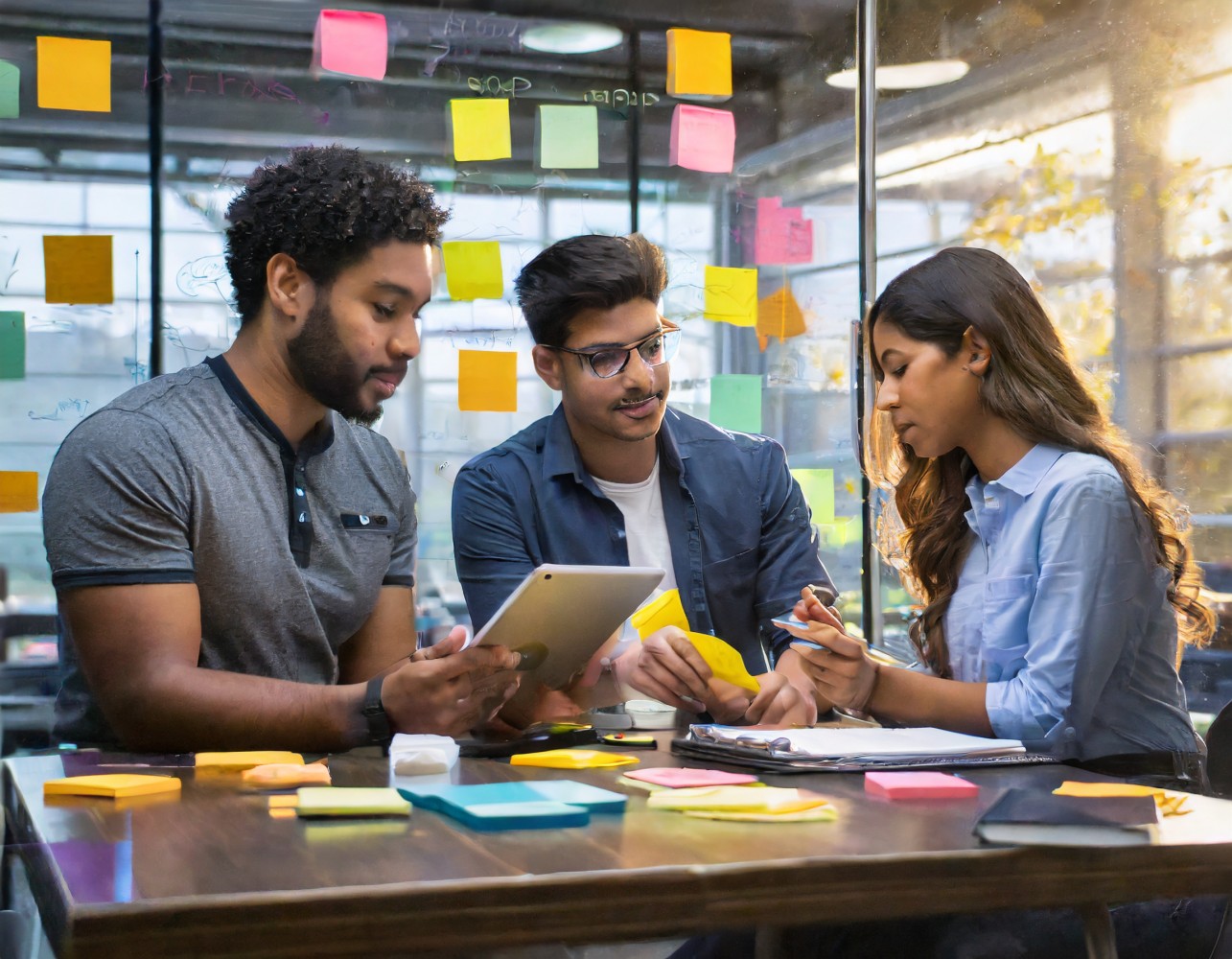 Three coworkers with a tablet and sticky notes brainstorming at a table in front of a glass wall