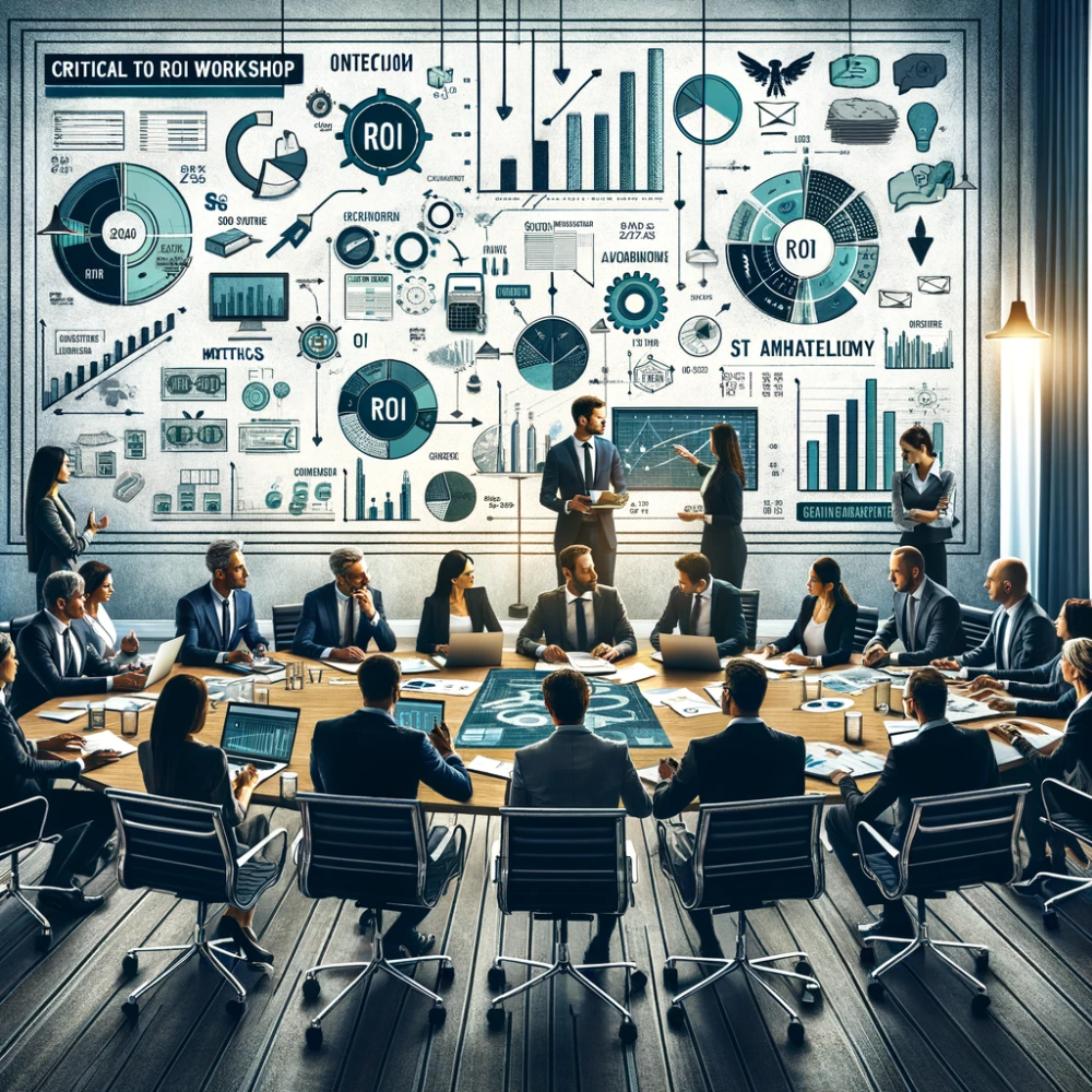 Executives around a boardroom table beneath a Critical to ROI Workshop wall of ROI charts, pie graphs and gears