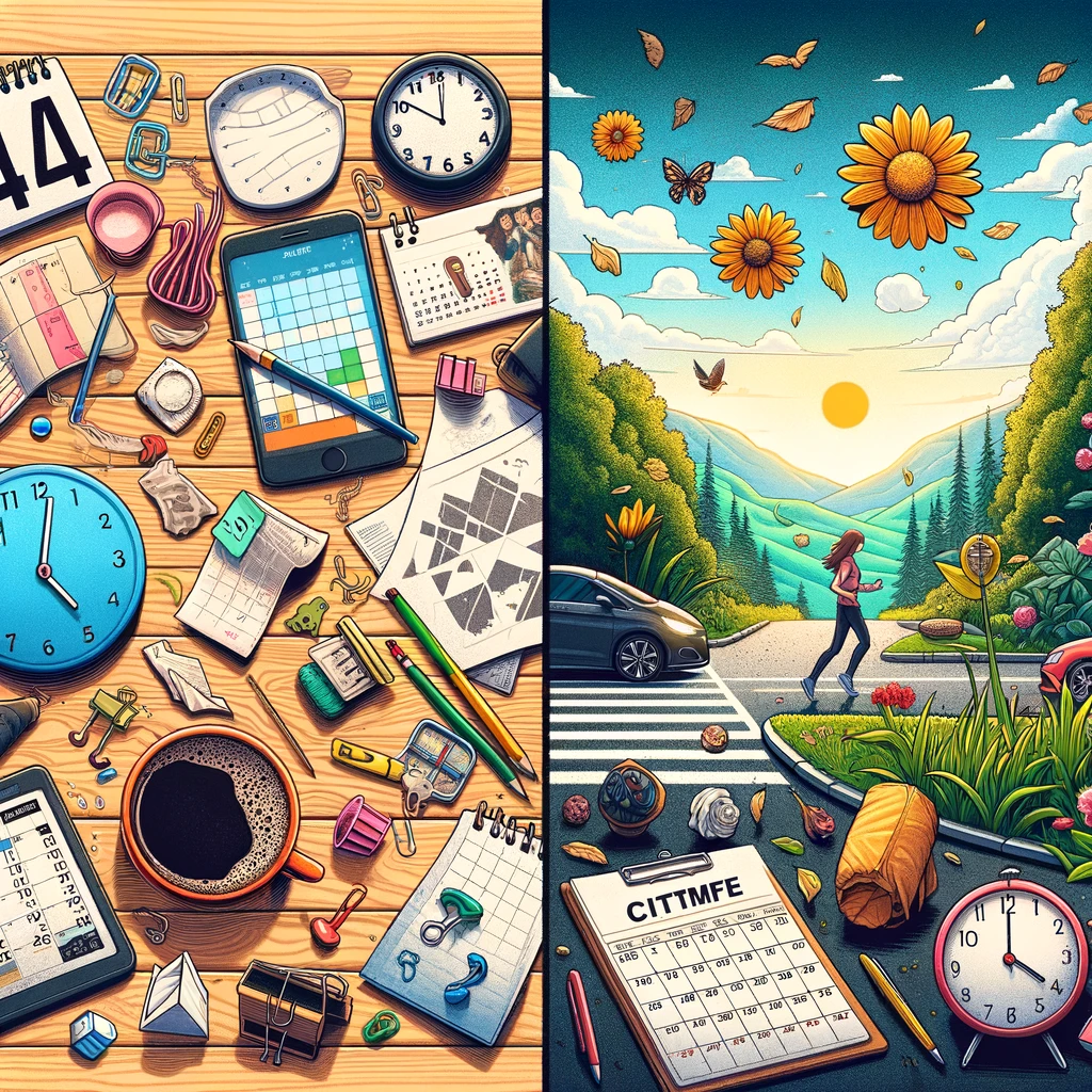 Split image contrasting a cluttered desk of clocks, calendars and coffee with a woman jogging through a sunny green landscape