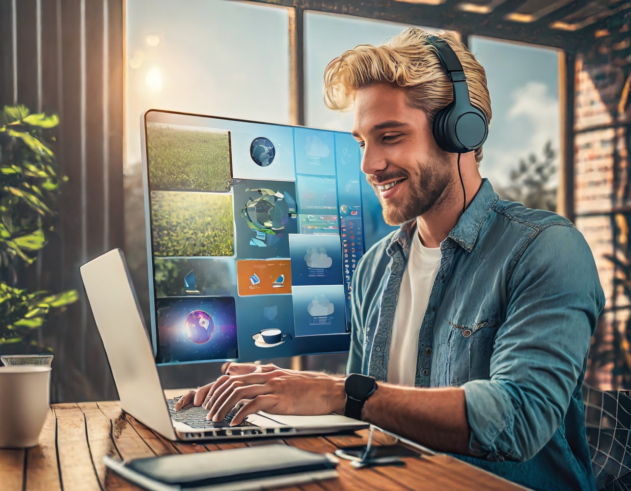 Smiling man wearing headphones typing on a laptop with an online learning platform on a monitor behind him