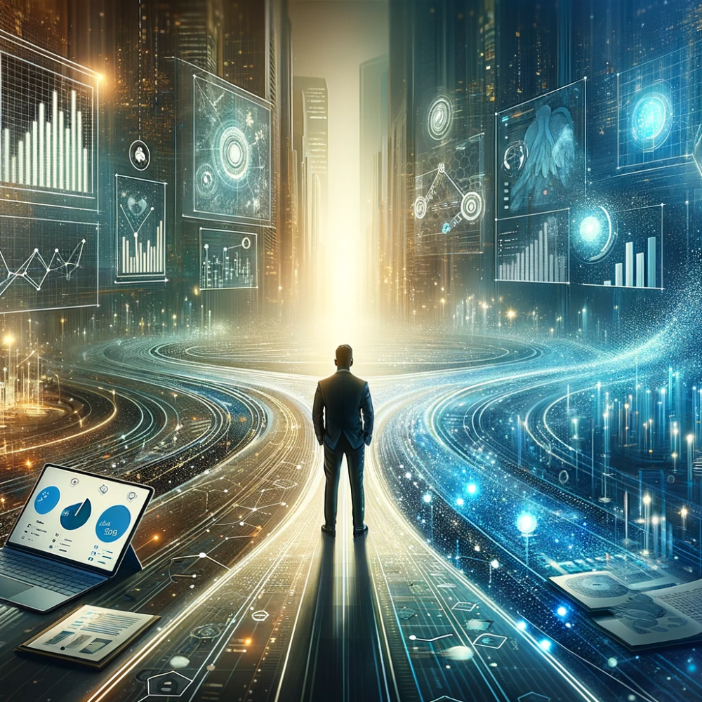 Executive standing at a fork of glowing data highways between analytics dashboards, weighing data against intuition