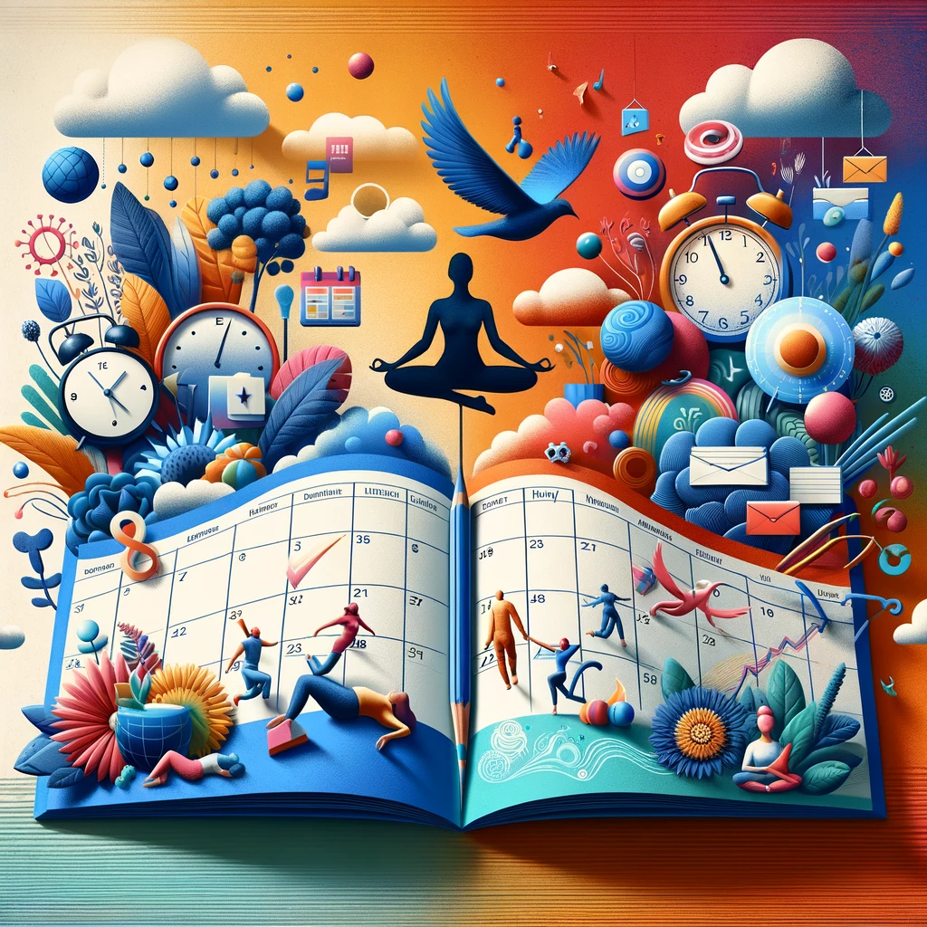 Illustration of an open calendar planner with small figures, clocks and flowers around a meditating silhouette