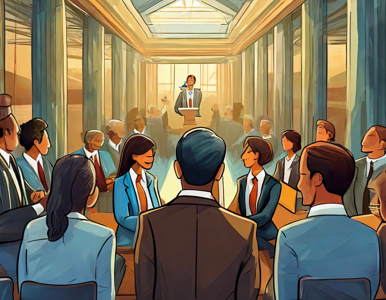 Illustration of a speaker at a podium addressing an attentive audience in a hall, recognizing learning achievements