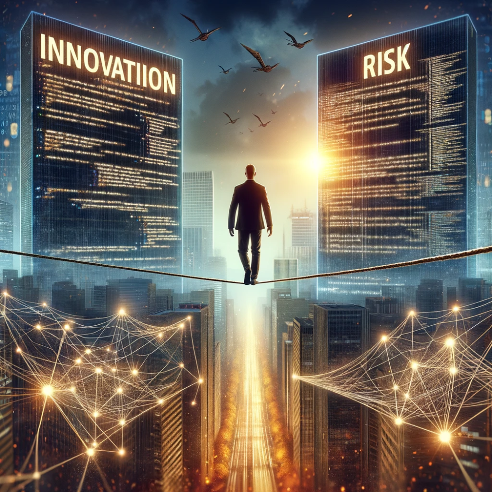 Businessman walking a tightrope between skyscrapers labeled Innovation and Risk above a glowing city