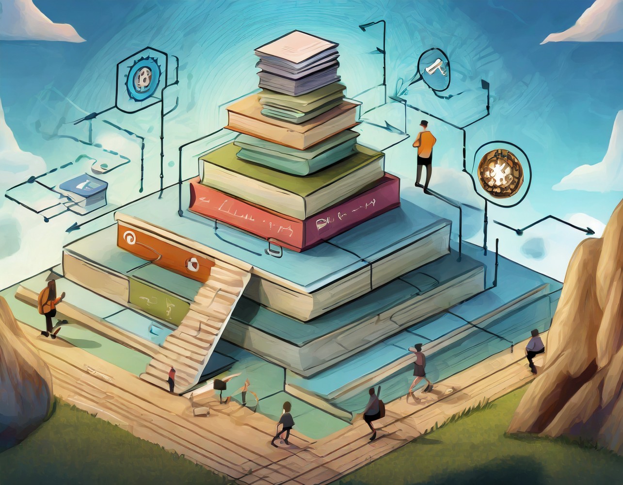 Illustration of a stack of books forming a stepped pyramid with staircases and small people climbing it