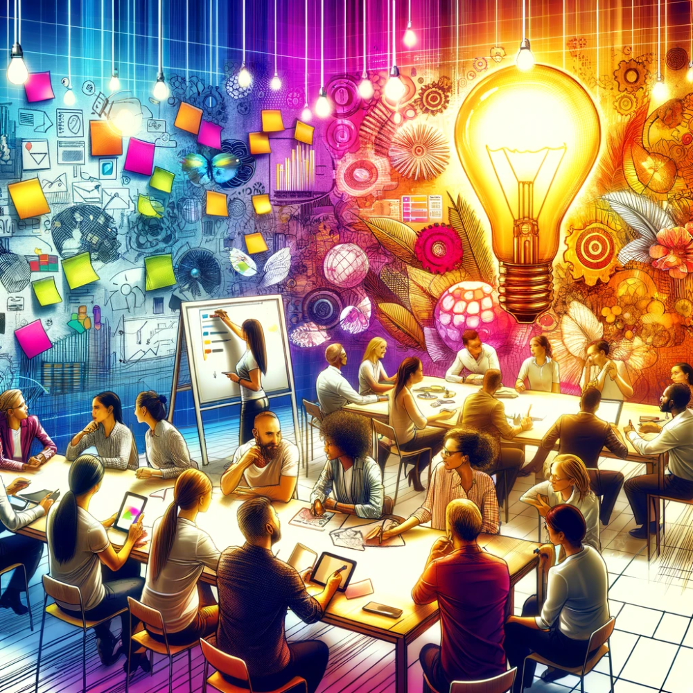 Illustration of a diverse team brainstorming at tables with sticky notes, a whiteboard and a large glowing lightbulb