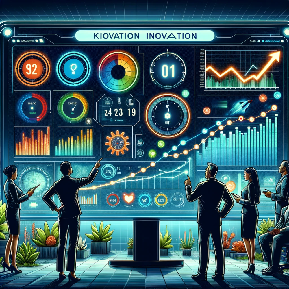 Executives pointing at a futuristic innovation dashboard of gauges, bar charts and a rising trend line