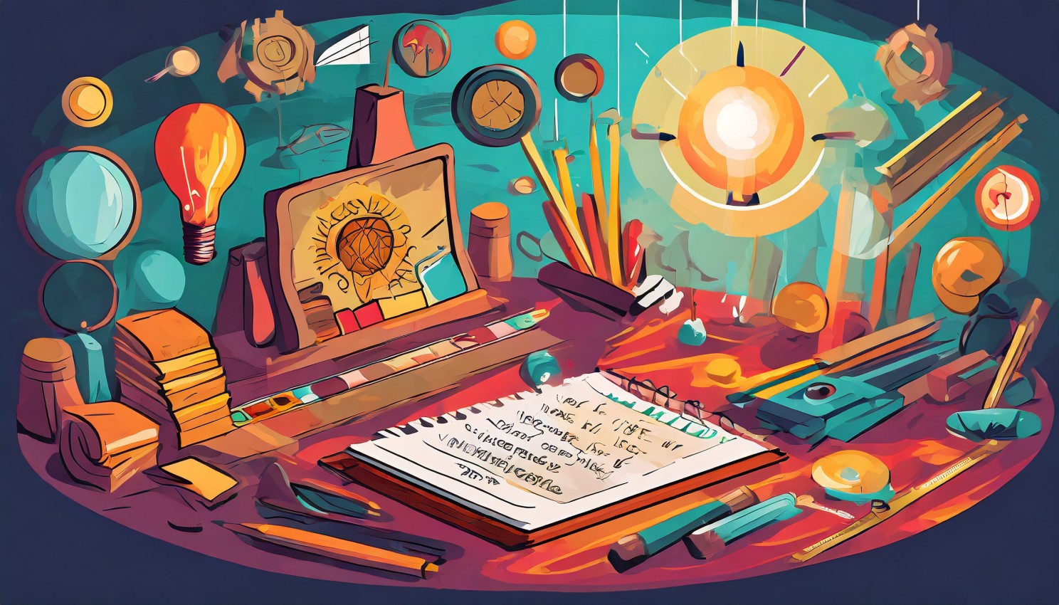 Colorful illustration of a desk with an open notebook, lightbulb, pencils and glowing sun, representing drafting a mission statement