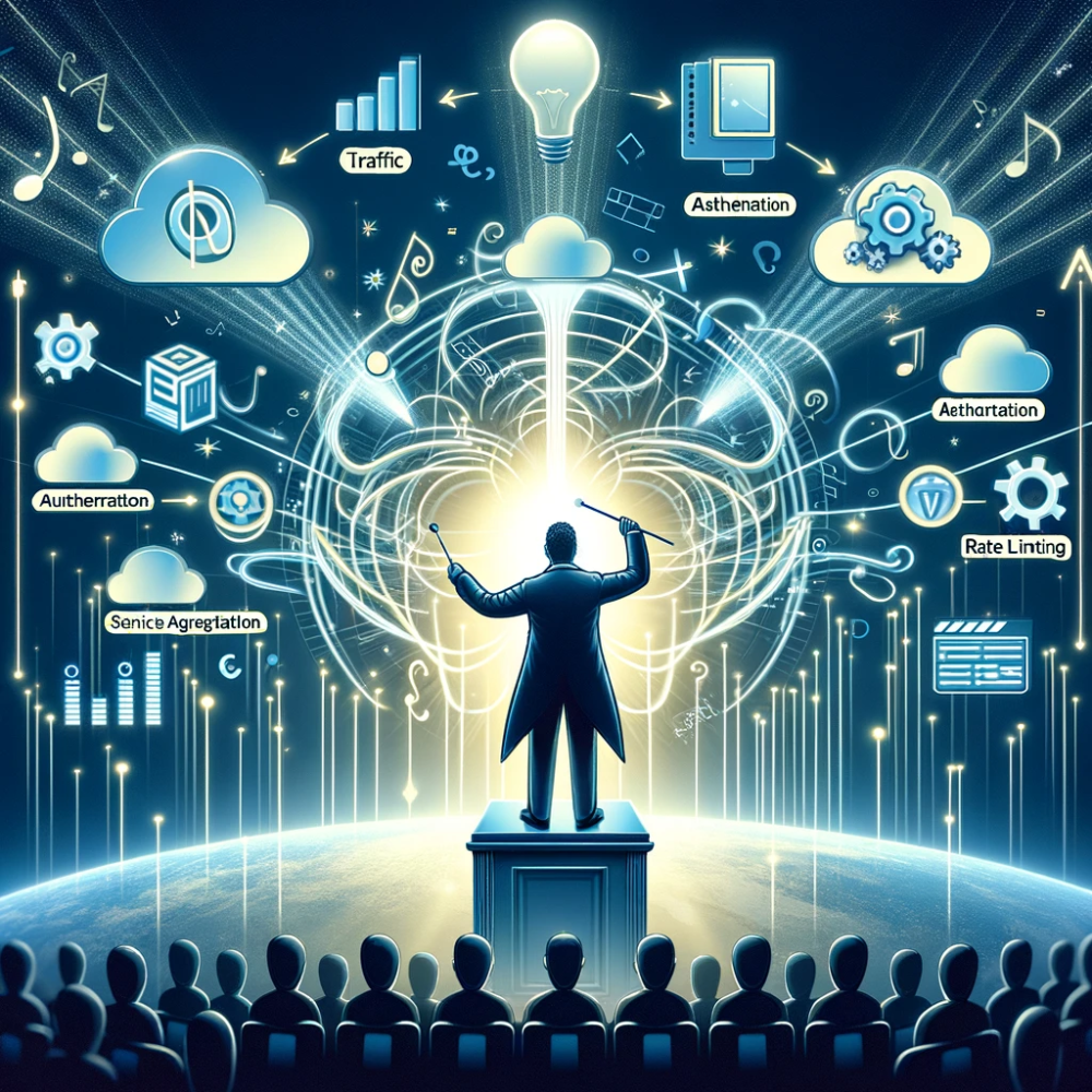 Conductor on a podium orchestrating cloud services labeled Traffic, Authentication and Rate Limiting, like an API gateway