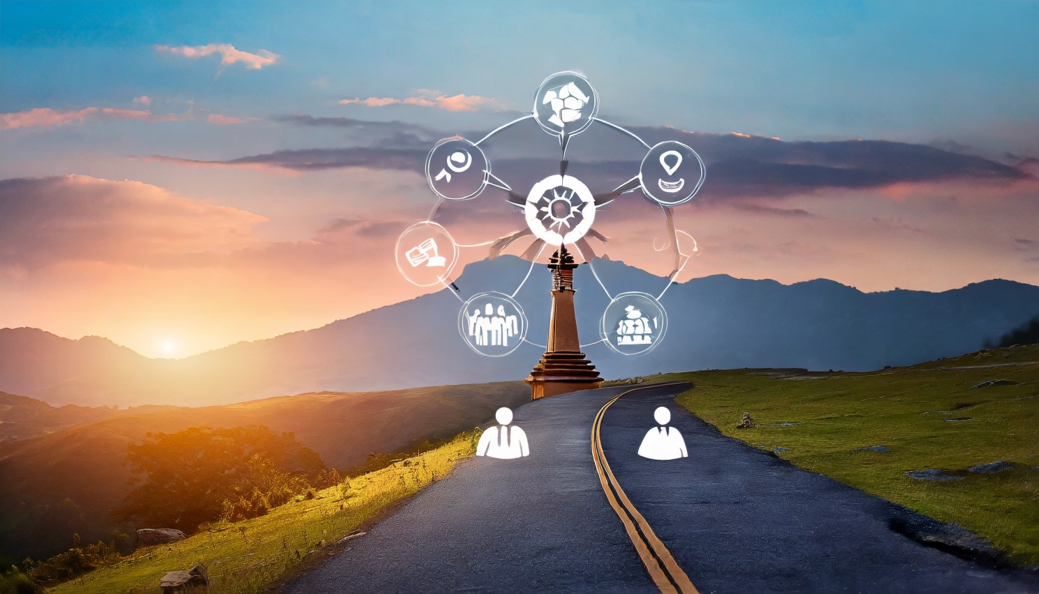 Winding road toward a beacon tower ringed by team and goal icons under a sunset sky, symbolizing a shared mission