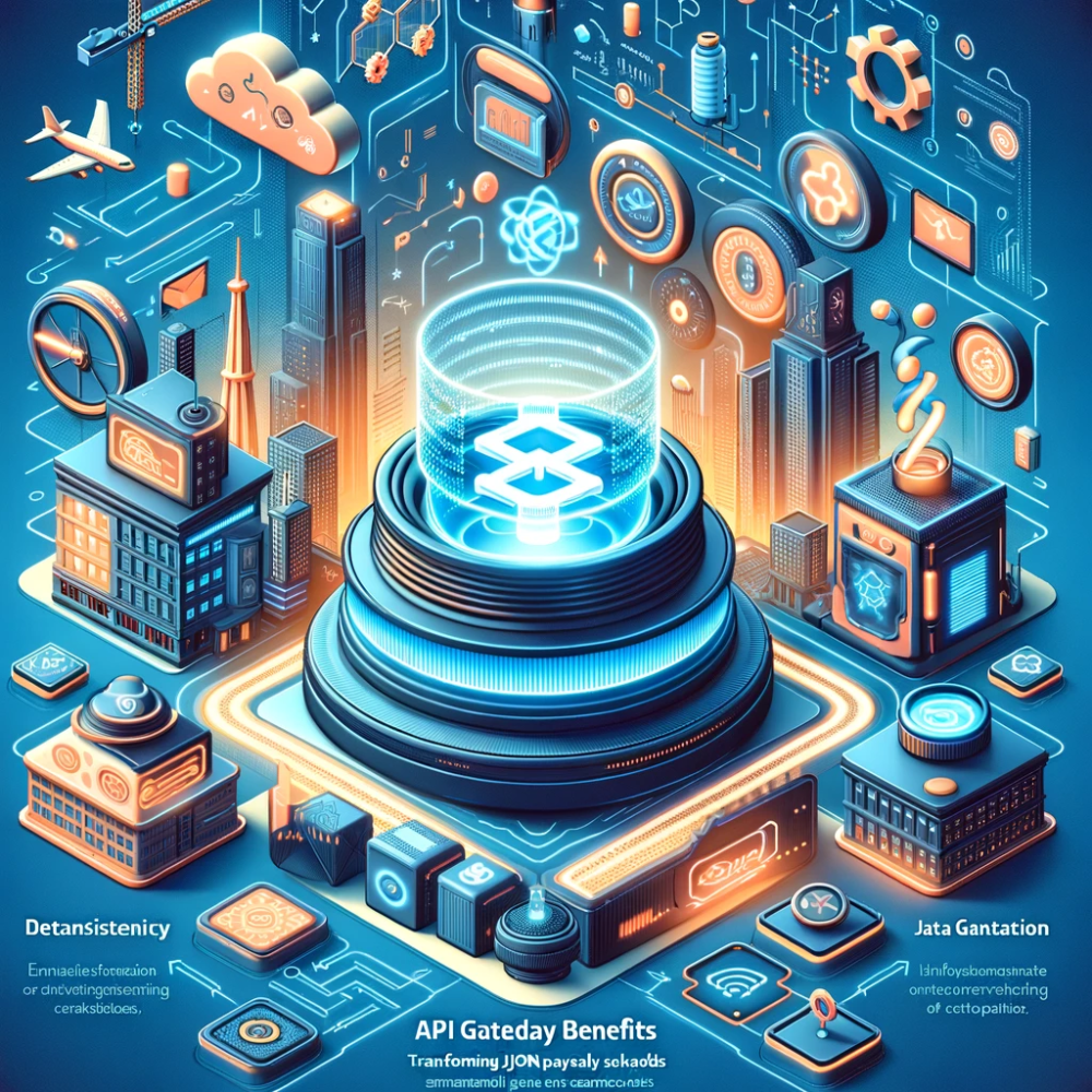 Isometric illustration of a glowing central hub among city buildings and cloud icons, an API gateway transforming JSON payloads