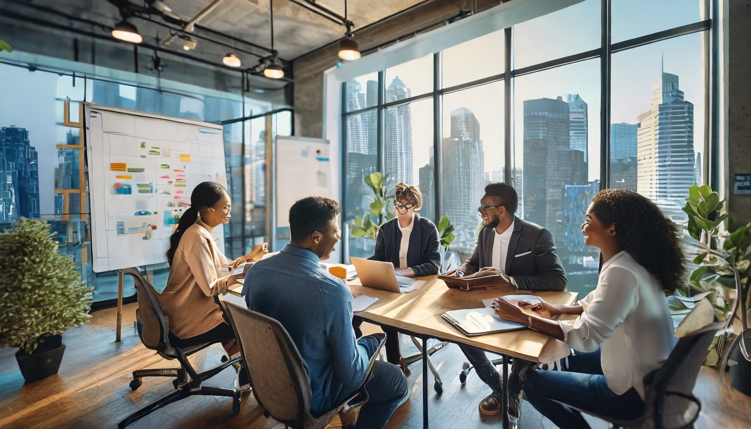 Team meeting around a wooden table beside a whiteboard, with a city skyline outside the windows, discussing the mission