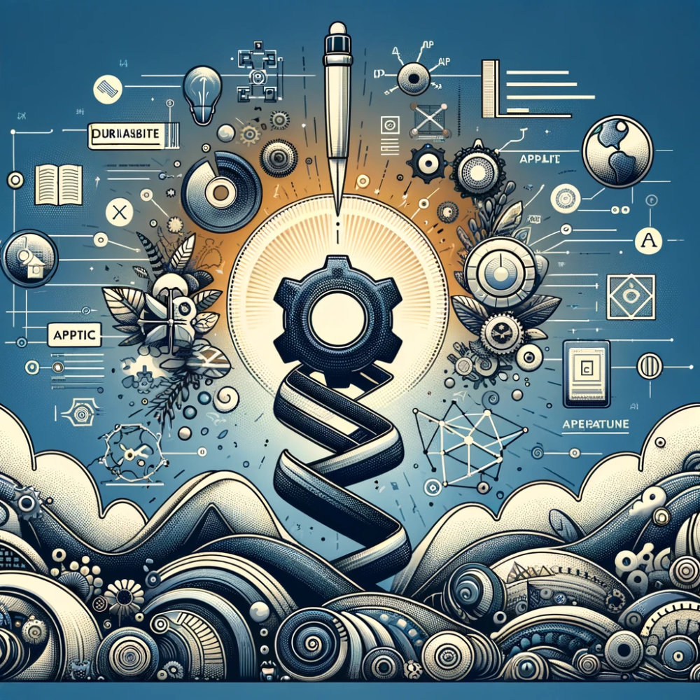 Stylized illustration of a pen nib above a gear and twisting ribbon among icons, representing careful, durable API design