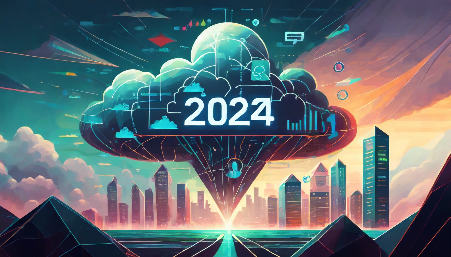 Illustration of a glowing cloud labeled 2024 above a futuristic city skyline at sunset, for year-end planning