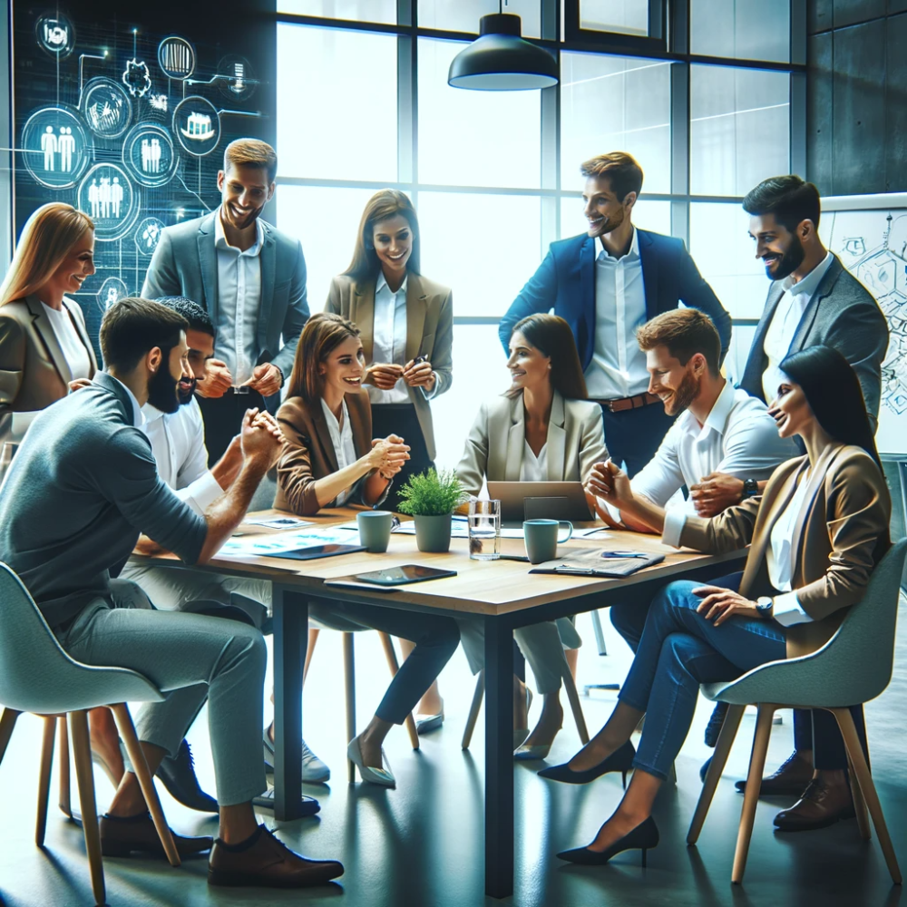 Diverse team laughing and talking around a conference table in a bright modern office, building team cohesion