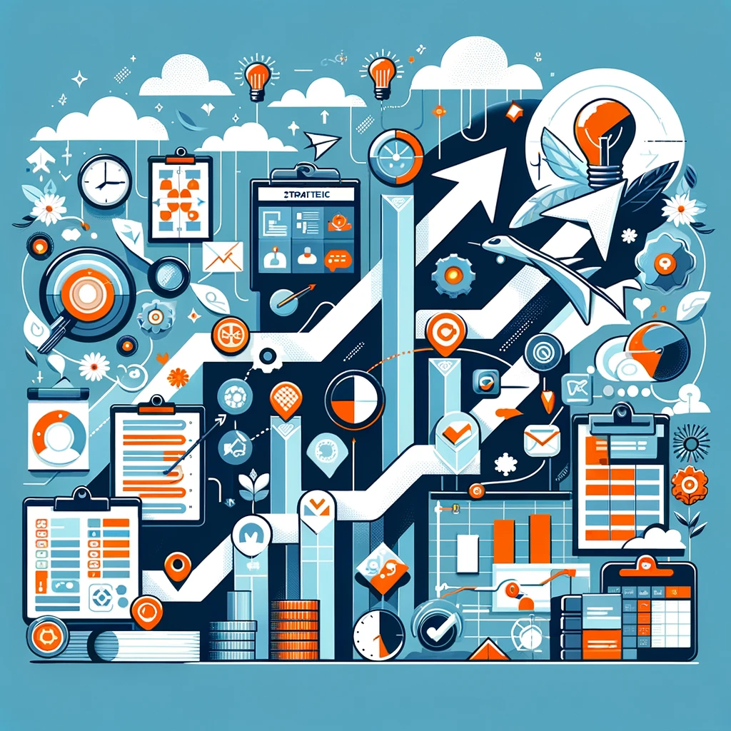 Flat illustration of planning tools such as clipboards, charts, clocks and rising arrows on a blue background