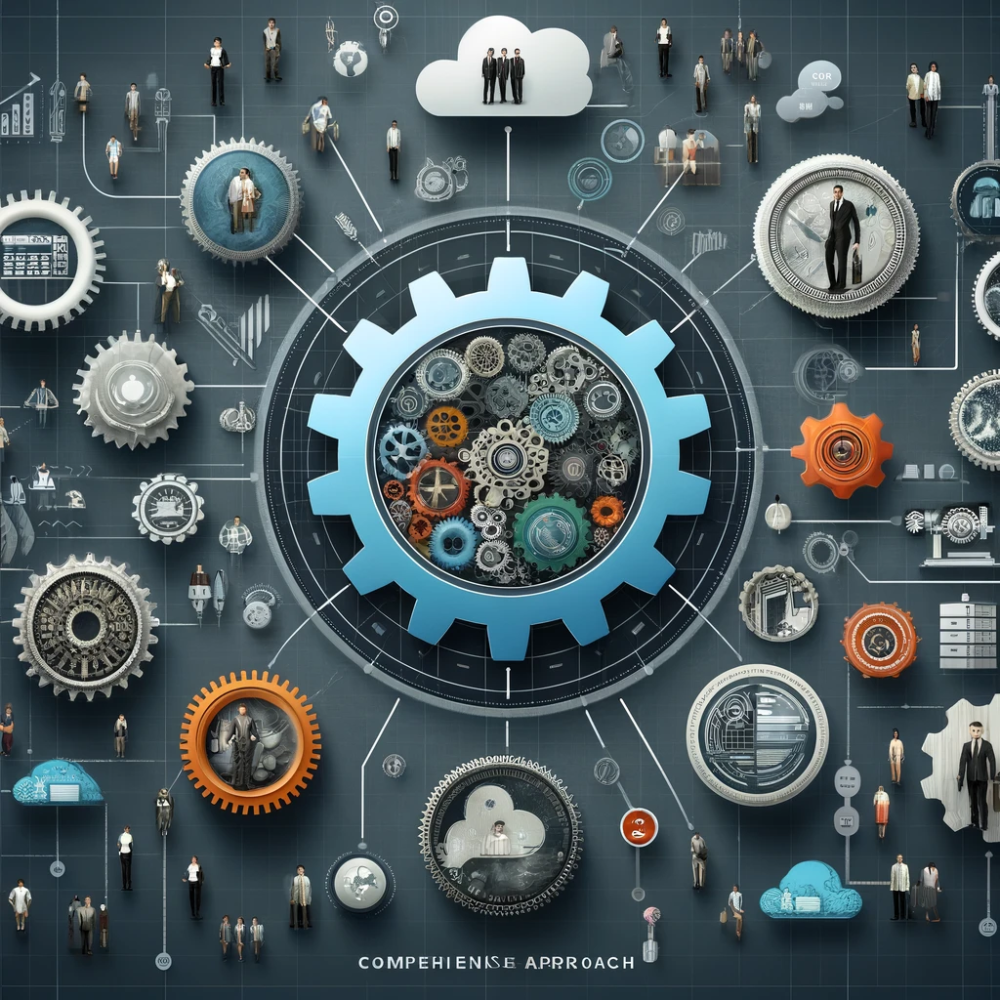 Large central gear filled with smaller gears, ringed by tiny business figures, captioned Comprehensive Approach to outsourcing options