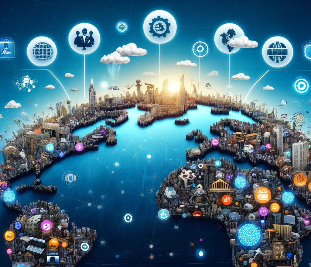 Stylized world map made of city skylines connected by glowing network icons, representing global outsourcing options