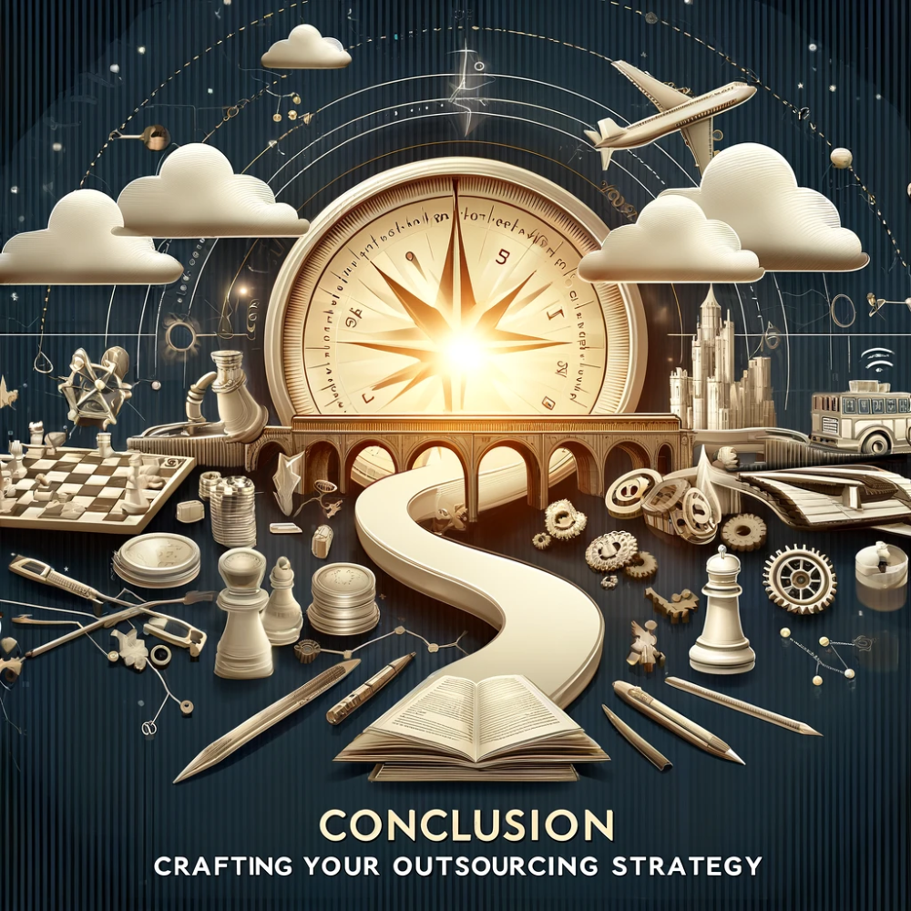 Sunburst compass over a winding road, bridge and chess pieces, captioned Conclusion: Crafting Your Outsourcing Strategy