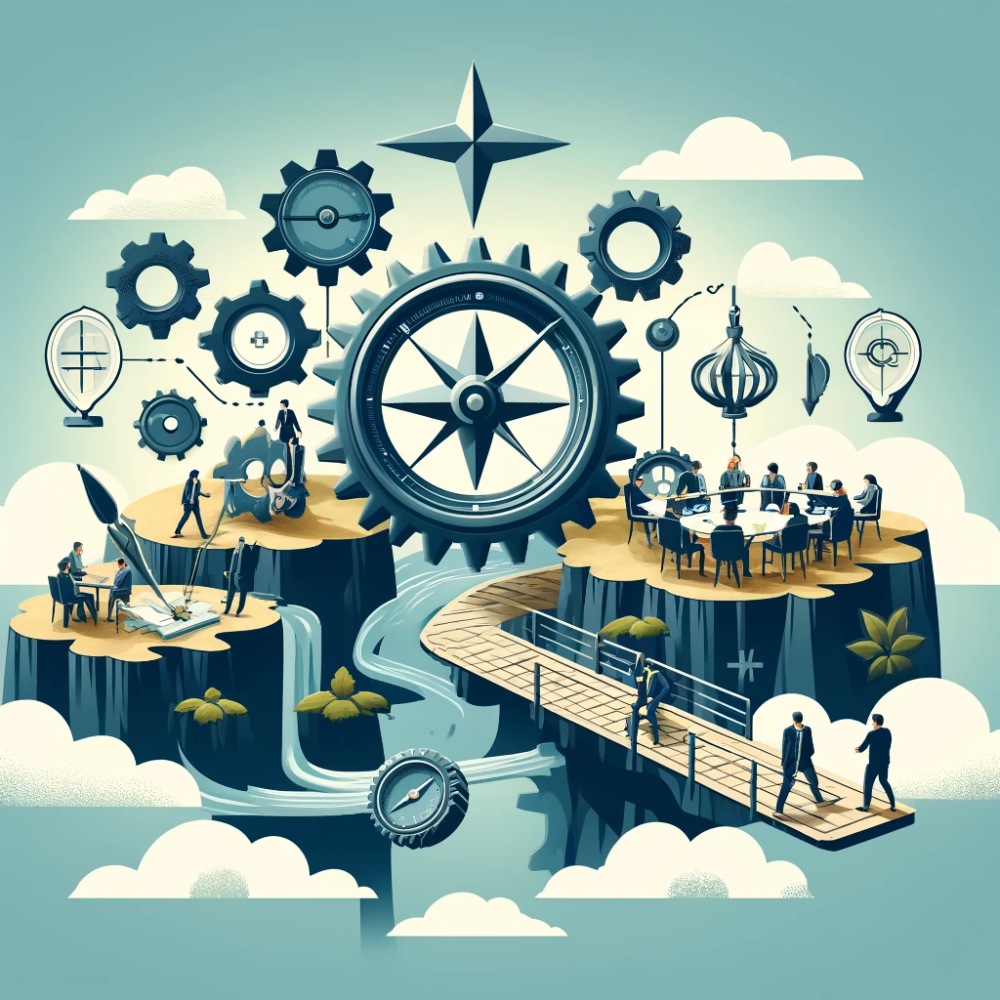 Compass-faced gear above cliff-top teams joined by a footbridge, representing alignment with strategic goals