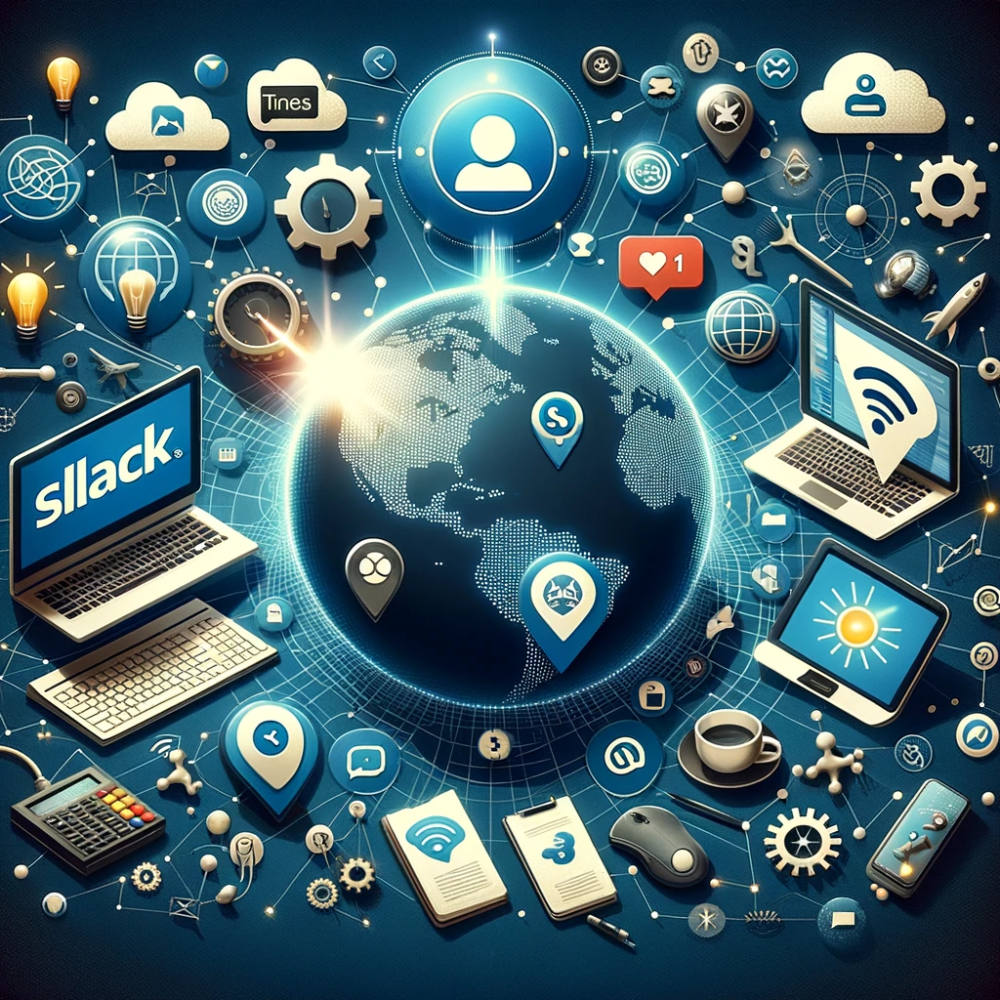 Globe surrounded by laptops showing Slack, phones, tablets and network pins, representing outsourcing communication channels