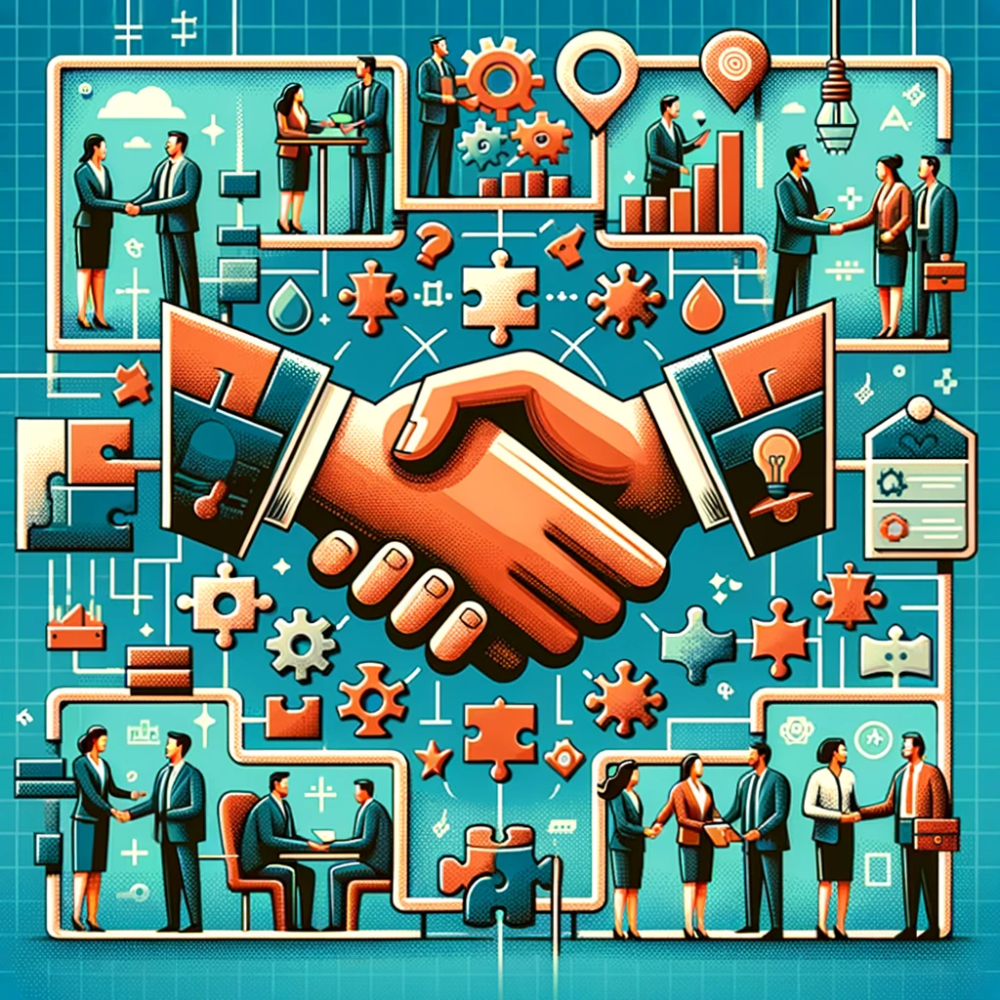 Illustration of a large handshake surrounded by puzzle pieces and pairs of business partners shaking hands, representing trust