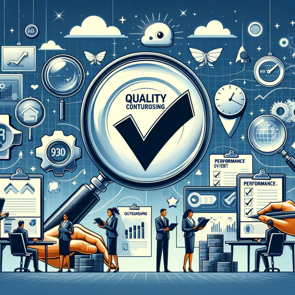 Magnifying glass over a large checkmark labeled Quality, with performance checklists and staff reviewing outsourced work