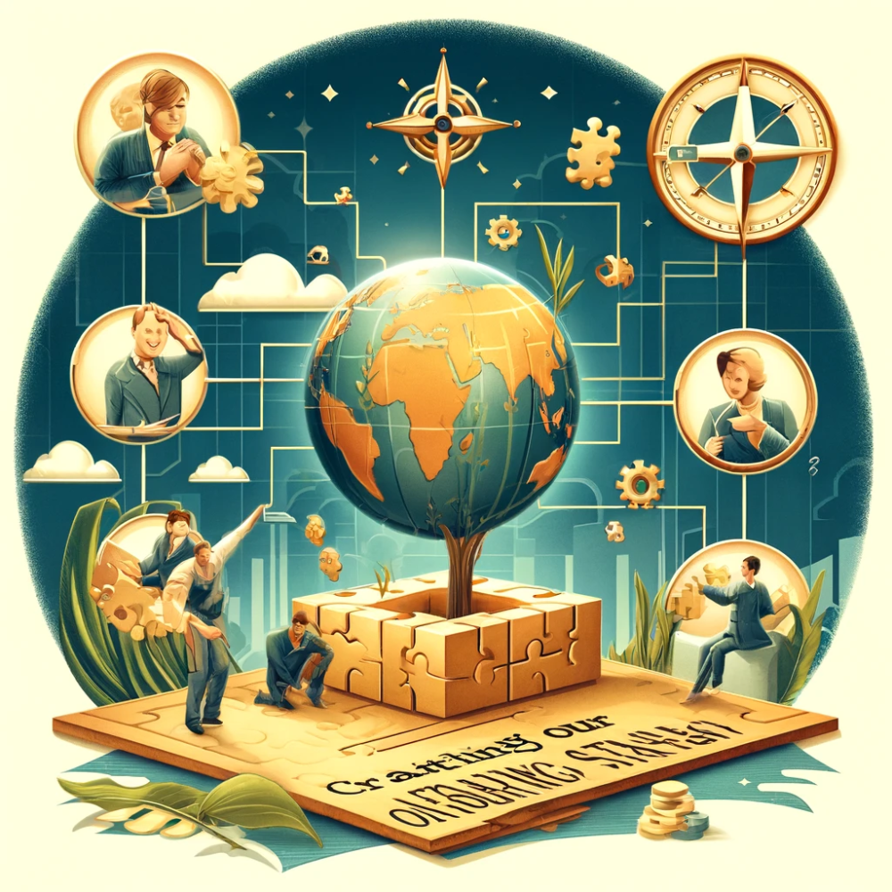 Globe growing from a puzzle-piece block among team members, captioned Crafting Our Outsourcing Strategy