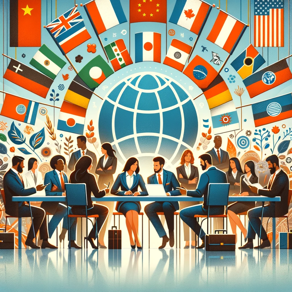 Illustration of business people meeting at a long table before a globe and international flags, managing cultural differences