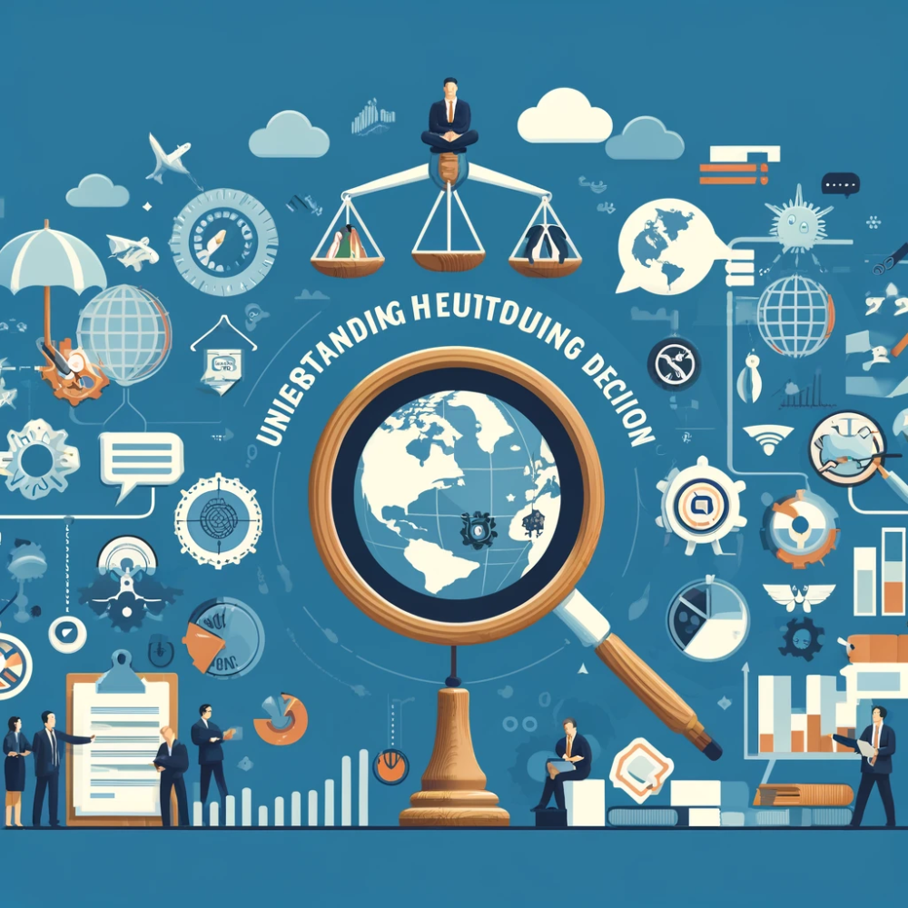 Magnifying glass over a globe among scales, gears and business figures, representing the outsourcing decision