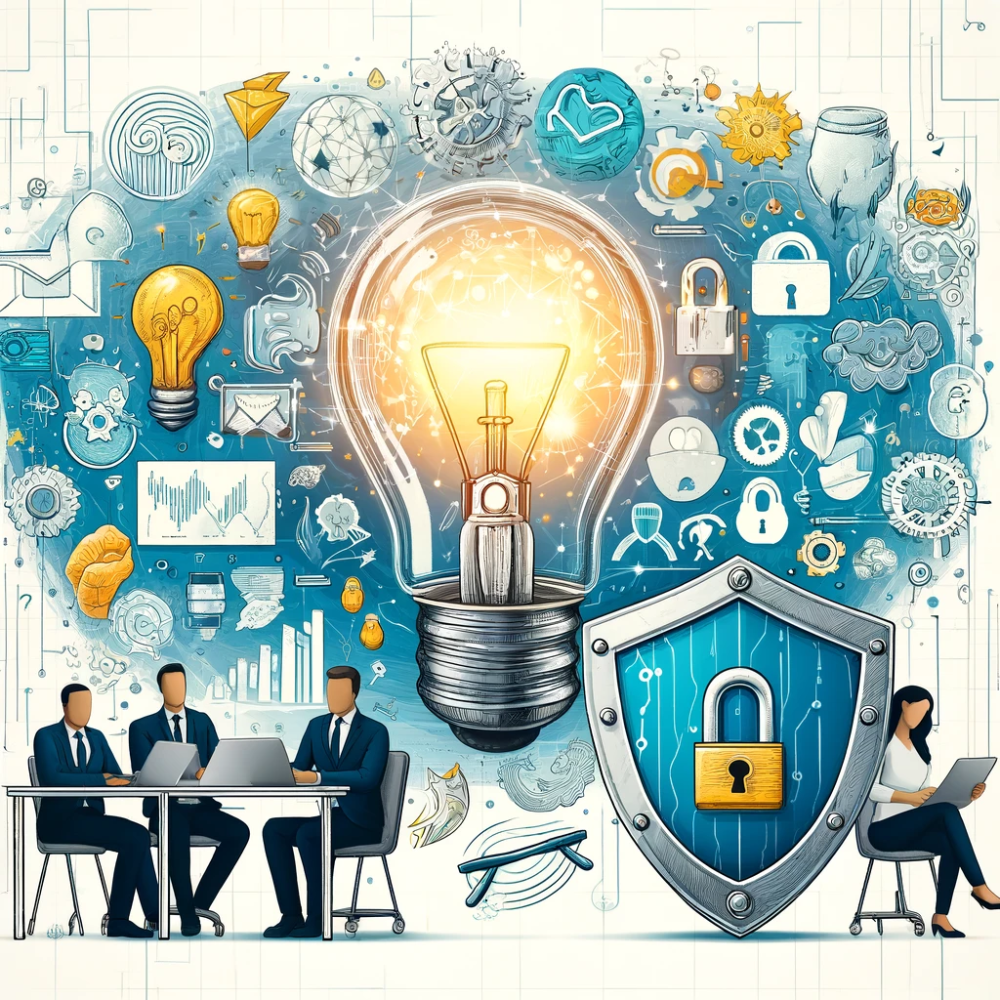 Glowing lightbulb surrounded by idea icons beside a padlock shield, with in-house staff at laptops protecting intellectual property