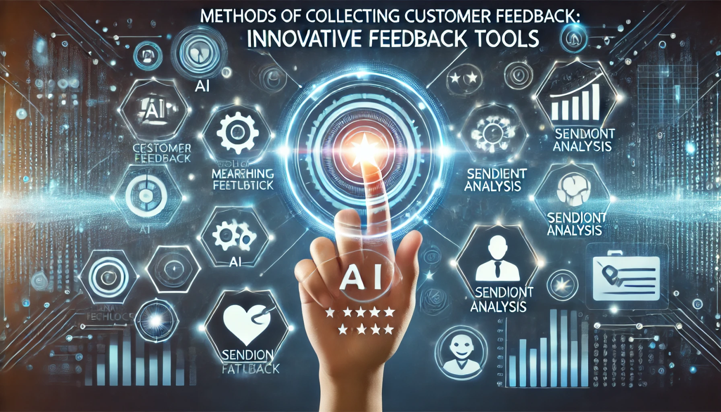 Glowing hand tapping an AI button among sentiment analysis and feedback icons, titled Innovative Feedback Tools