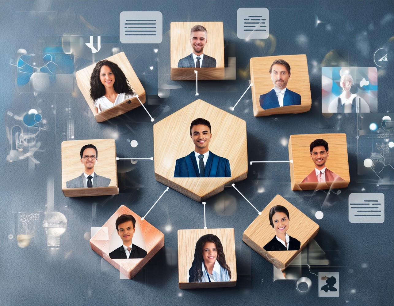 Wooden blocks bearing employee portraits linked by lines around a central hexagon, representing a network of recognition