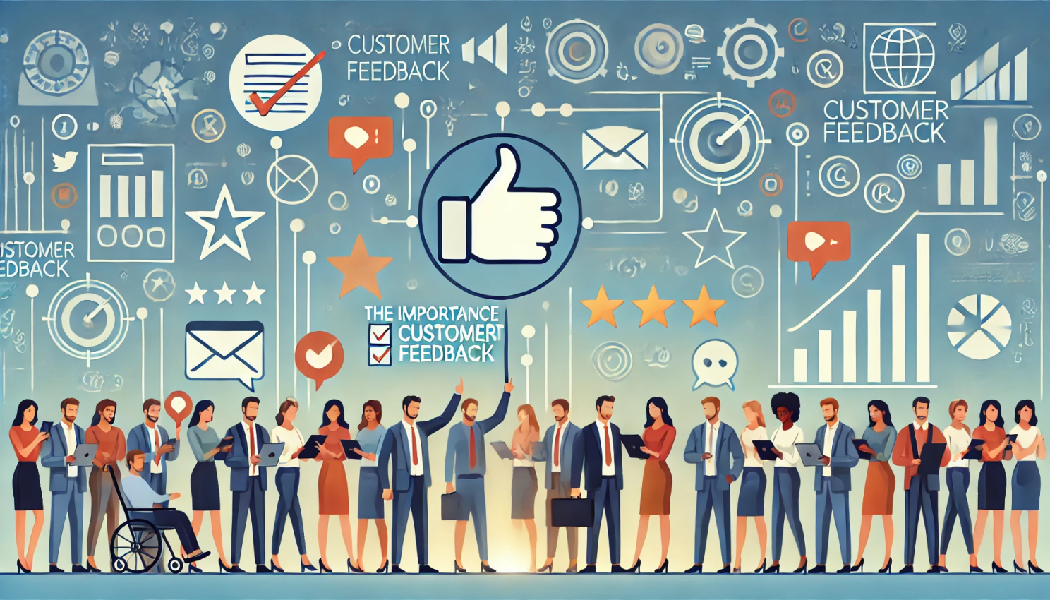 Crowd of professionals holding tablets beneath a thumbs-up icon, stars and charts labeled The Importance of Customer Feedback