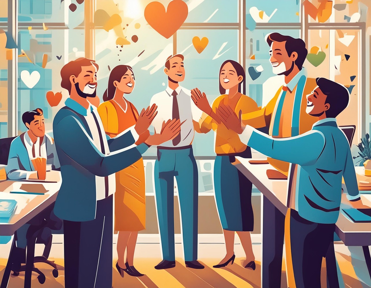 Illustration of smiling coworkers clapping in a bright office with hearts floating in the air, a culture of gratitude