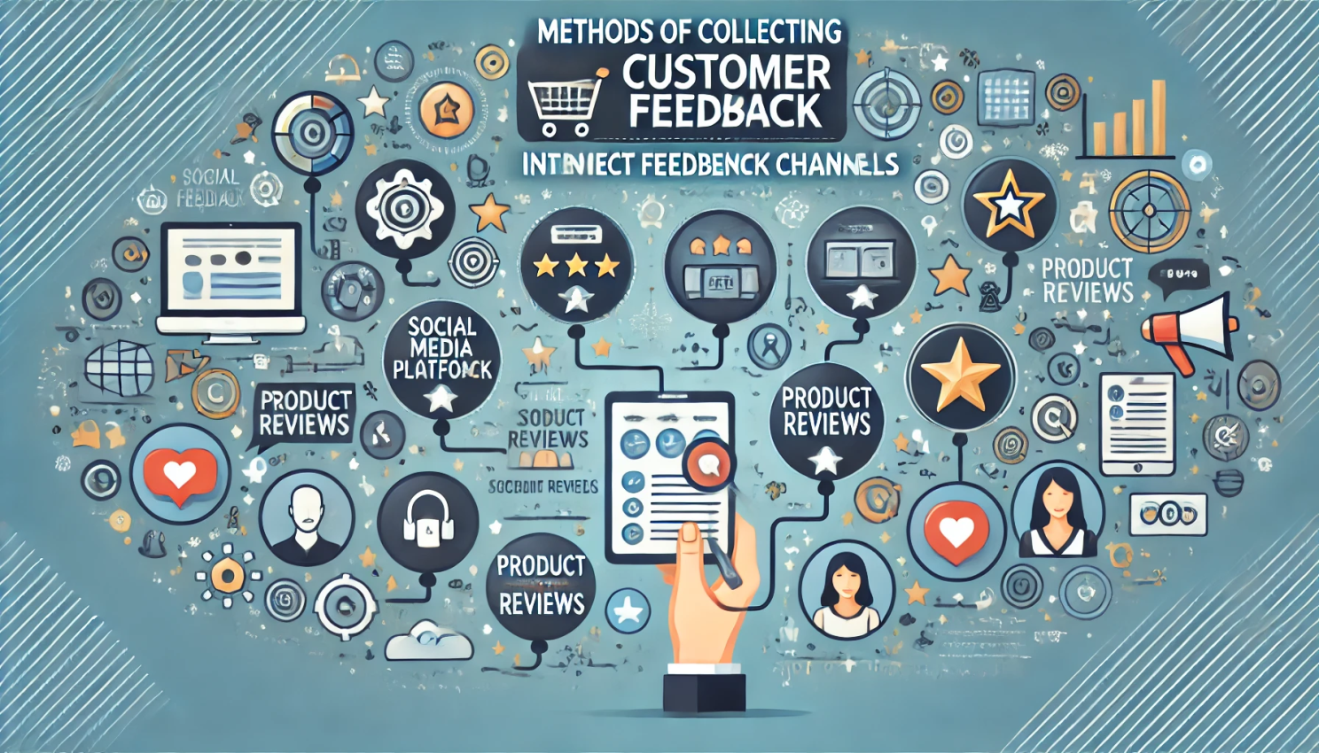 Infographic of indirect feedback channels including social media platforms, product reviews and star ratings around a phone