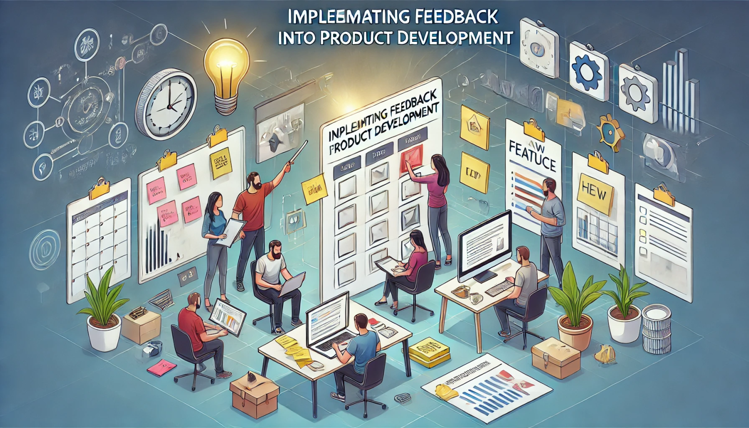 Isometric illustration of a product team turning customer feedback into new features using sticky notes, boards and laptops