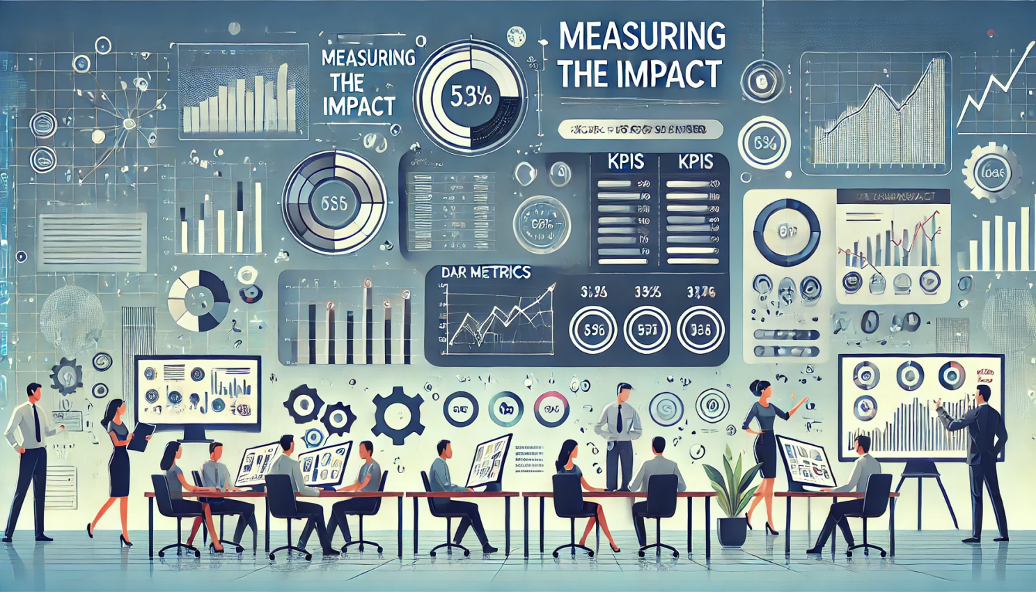 Dashboard graphic titled Measuring the Impact with KPI tables, gauges and trend charts, while staff review results
