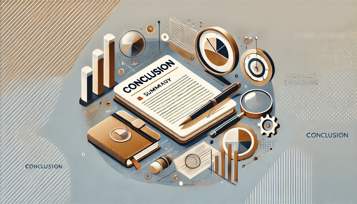 Conclusion summary page with pen, notebook, bar charts and magnifying glass on a neutral background