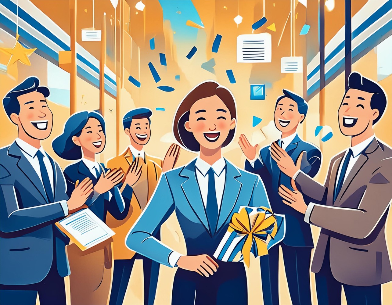 Illustration of coworkers applauding a smiling colleague holding a wrapped gift as confetti falls, recognizing their work