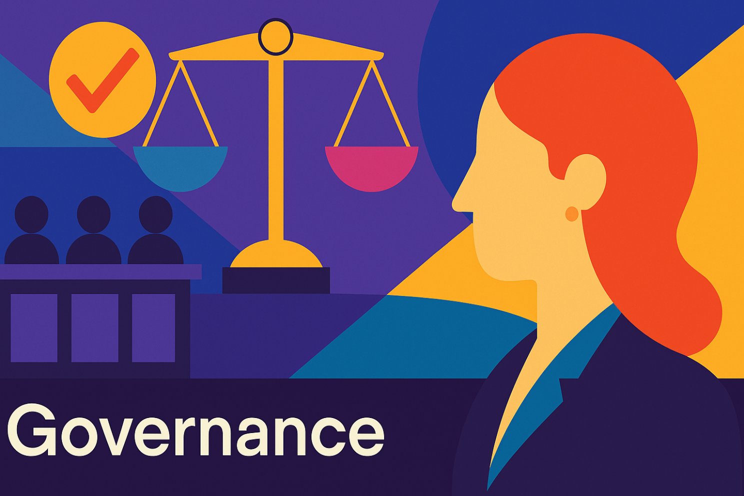 Flat illustration titled Governance with balance scales, a checkmark, a row of three people and a woman in profile
