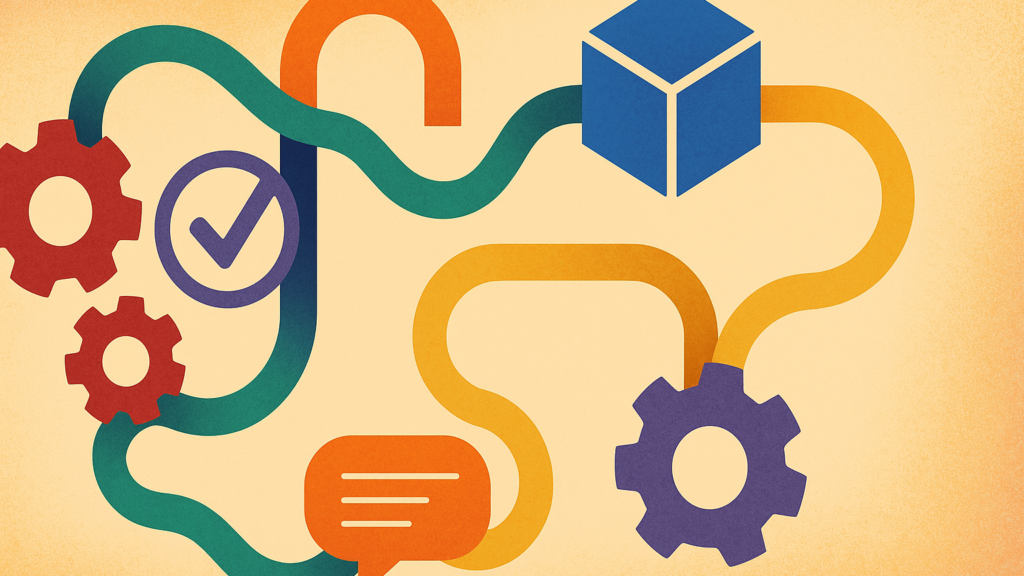 Winding colored paths linking gears, a checkmark, a cube and a chat bubble, showing governance guiding work in practice