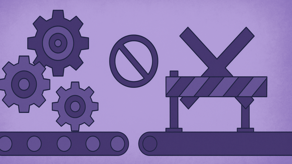 Illustration of purple gears on a conveyor belt halted by a striped road barrier and no-entry sign, governance as a bottleneck